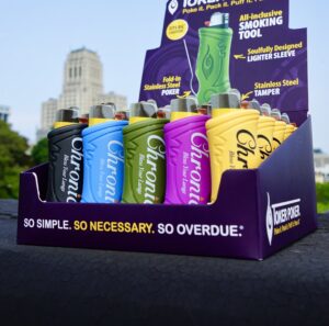 Colorful lighter sleeves display in city background.